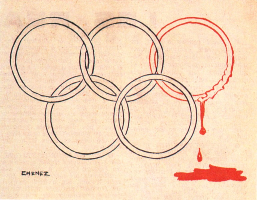 1972 7 septembre Le Monde Dessin de Chenez Les anneaux olympiques ensanglantes septembre noir a Munich.jpg